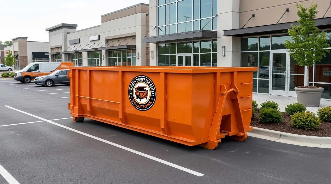 Roll-off dumpster placed at a lakeside property near Lake Allatoona in Acworth GA
